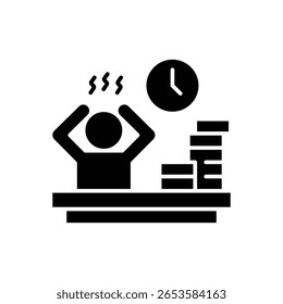 Overworked Employee Icon. Glyph Style. Vector. Stressed Worker at Office Desk with Paper Stack and Clock. Labor Shortage Crisis. Burnout Problem. Productivity Pressure Symbol
