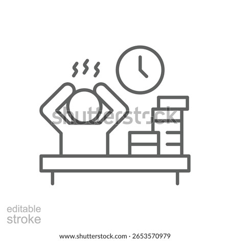 Overworked Employee Icon. Outline Style. Editable Stroke Vector. Stressed Worker at Office Desk with Paper Stack and Clock. Labor Shortage Crisis. Burnout Problem. Productivity Pressure Symbol.