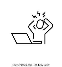 Overworked employee icon. Thin line outline style symbol of stressed person at laptop facing pressure burnout or deadline