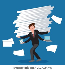 Overworked employee, man in suit carries a large number of papers. Burnout concept.