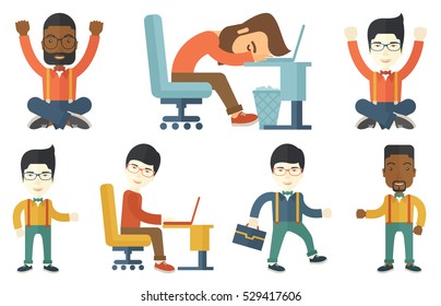 Overworked employee sleeping in office. Overworked employee resting at workplace. Overworked employee working on a computer. Set of vector flat design illustrations isolated on white background.