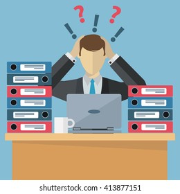 Overworked employee, work stress, paperwork vector illustration