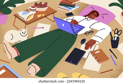 Overworked exhausted business woman sleeping with laptop at home. Tired fatigue remote worker, workaholic asleep, lying in mess, chaos. Work overload, exhaustion concept. Flat vector illustration