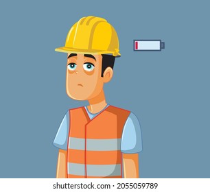 Overworked Exhausted Construction Worker Vector Cartoon Illustration. Tired Workman Being Exploited Doing Overtime In Hard Manual Work Having No More Energy
