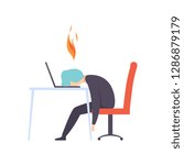Overworked exhausted man sitting at his working place with computer in office, businessman with burning brain, emotional burnout concept