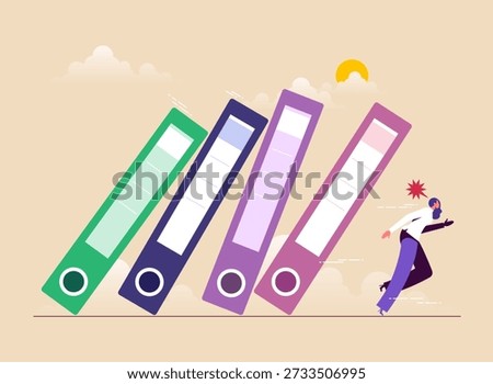Overworked or exhausted from overload tasks concept, fatigue businesswoman running from falling binders, symbolizing burnout, pressure, fatigue, and job stress in workplace