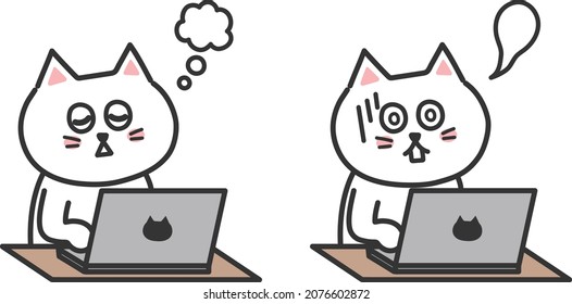 Overworked exhausted white cat using computer working from home. Vector illustration isolated on white background.