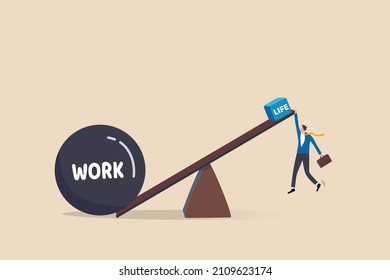 Overworked, exhaustion or burnout, unhealthy work life balance problem, too many work causing fatigue, anxiety or stress concept, frustrated businessman on small life compare to heavy work burden.
