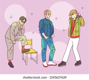 Overworked fashionable guys. Corny fashion. hand drawn style vector design illustrations. 