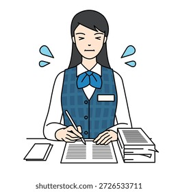 Overworked female office worker feeling stressed with pile of papers