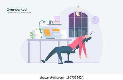 Overworked illustration, A worker works late into the night, A man feels tired after working late into the night