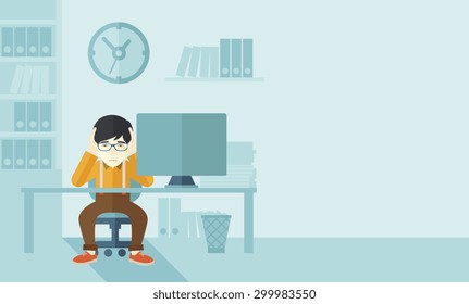 An overworked japanese businessman sitting infront of computer holding his head by two hands, under stress causing a headache. Unhappy concept. A contemporary style with pastel palette soft blue