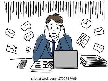 An overworked male office worker surrounded by clocks, documents, and task icons, symbolizing pressure, burnout, and the desire to change jobs.