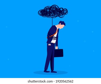Overworked man - Businessman tied up with black cloud. Brain fog and depression concept. Vector illustration.