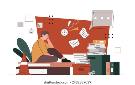 Overworked man concept. Tired worker sitting at books and documents. Mental health problems and emotional burnout. Employee with frustration and depression. Cartoon flat vector illustration