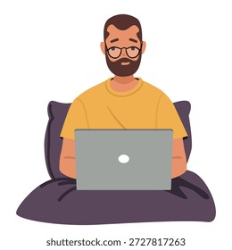 Homem sobrecarregado personagem freelancer de desenho animado usando óculos sentados na cama tarde da noite com computador portátil. Prazos apertados e falta de equilíbrio entre a vida profissional e a vida pessoal na ilustração de vetor de carreiras remotas