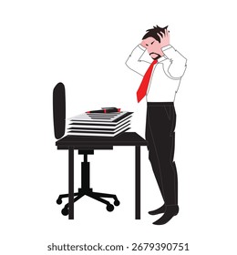 Überarbeitete Man Line Art Vektorgrafik für Bürostress und Burnout	