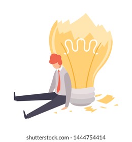 Overworked, Man Sitting with Broken Light Bulb, Brainstorming, Innovation, Creativity Concept Vector Illustration