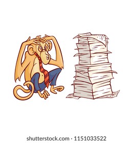 Overworked monkey in business pants and tie sitting near big stack of paper documents and holding head with hands in sketch style. Hand drawn isolated vector illustration of animal office worker.