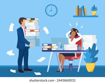 Overworked in the office. black female worker at the desk exhausted with too much paper work, her colleague with full of paper, documents. Vector illustration in flat style