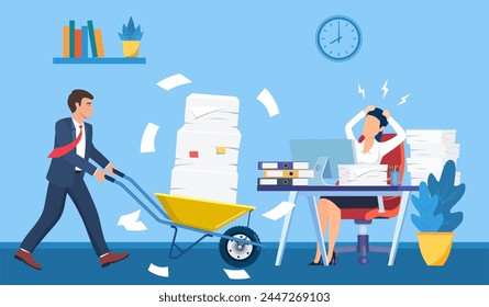 Overworked in the office. female worker at the desk exhausted with too much paper work, his colleague pushing a wheelbarrow full of paper, documents. Vector illustration in flat style