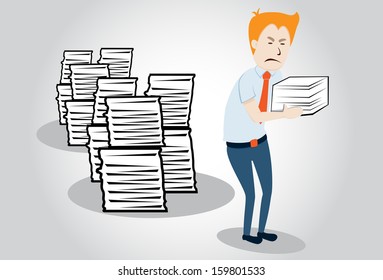 overworked office manager. worker with heap of paperwork. Cartoon character illustration