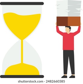 overworked or overworked office routine concept, Aggressive workload and deadlines lead to tiredness and exhaustion, tired businessman carrying heavy documents with deadline alarm clock above.