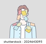 Overworked office worker covered in yellow sticky notes. Hand drawn in thin line style, vector illustrations.