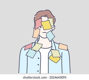 Overworked office worker covered in yellow sticky notes. Hand drawn in thin line style, vector illustrations.