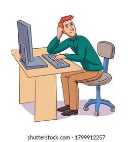 Trabajador de oficina con exceso de trabajo sentado en el escritorio. Empleado trabajando en la computadora. Hombre con emociones negativas en el trabajo. Escena de trabajo de estrés. Ilustración del carácter vector de la persona aislada en fondo blanco