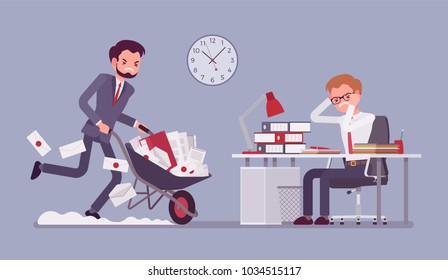 Overworked in the office. Young male worker at the desk exhausted with too much paper work, his colleague pushing a wheel full of documents, files and letters. Vector flat style cartoon illustration