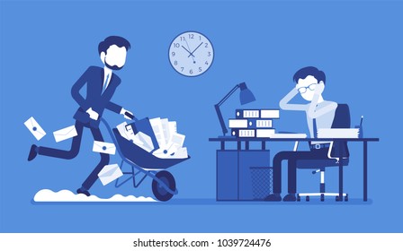 Overworked in the office. Young male worker at the desk exhausted with too much paper work, his colleague pushing a wheel full of documents, files and letters. Vector flat style cartoon illustration