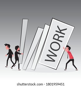 Overworked picture feature a man pushing work poll while other people give him more job to do