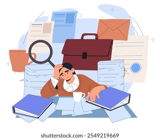 Overworked secretary at work. Tired woman sitting at table with briefcase and stack of papers. Workaholic with mental burnout. Flat vector illustration isolated on white background