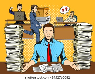 Overworked stressed businessman relaxing practicing yoga in the office, meditating with closed eyes to de-stress flanked by two tall stacks documents. Comic cartoon pop art retro vector illustration