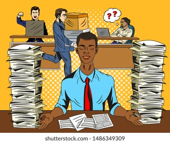 Overworked stressed businessman relaxing practicing yoga in the office, meditating with closed eyes to de-stress flanked by two tall stacks of waiting documents in trays in a vector illustration