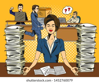 Overworked stressed businesswoman relaxing practicing yoga in the office. Meditating with closed eyes to de-stress. Comic cartoon pop art retro vector illustration drawing.