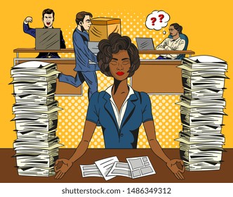 Overworked stressed businesswoman relaxing practicing yoga in the office. Meditating with closed eyes to de-stress flanked by two tall stacks of waiting documents in trays in a vector illustration