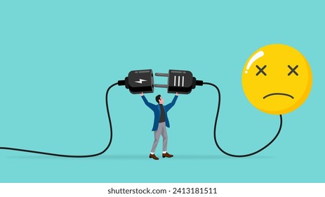 overworked or stressed at work, refresh or recover after tired at work, re charge yourself, restore enthusiasm for work, recharge mood, businessman connect plug with bad mood icon to power socket