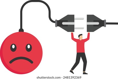 overworked or stressed at work, refresh or recover after tired at work, re charge yourself, restore enthusiasm for work, recharge mood, businessman connect plug with bad mood icon to power socket

