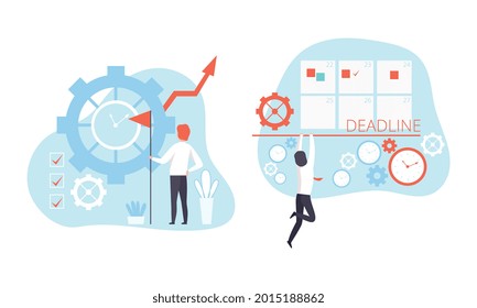 Overworked Tiny Office People Set, Workers Planning Schedule and Working next to Wall Clock Flat Vector Illustration