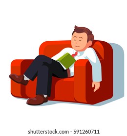 Overworked Or Tired Business Man Sleeping With Book On The Couch During Break Time At Work. Exhausted Office Worker Napping At Sofa. Flat Style Modern Vector Illustration Isolated On White Background.