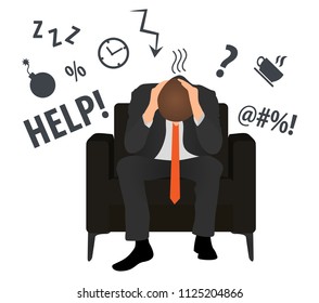 Overworked and tired businessman or office worker sits in a chair. Business stress. Flat style modern vector illustration. Man Has Clasped Head Hands Overworked. Busy. Icon. Fail. Deadline. Problem.