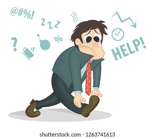 Overworked and tired businessman or office worker walking with a sad face. Business stress. Cartoon style vector illustration. Concept of disappointed man, low energy, fail in business.