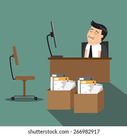 Overworked, tired cartoon businessman sleeping at his desk in front of computer, vector illustration.