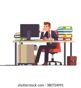 Overworked and tired looking accountant sitting at his desk with piled document binders. Business stress. Flat style modern vector illustration.