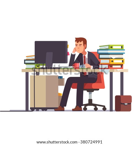 Overworked and tired looking accountant sitting at his desk with piled document binders. Business stress. Flat style modern vector illustration.