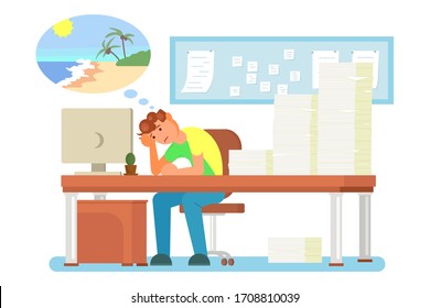 Overworked tired office man sitting at table in front of computer with head reclined upon his hand, vector flat illustration. Work burnout, mental fatigue, emotional exhaustion, work related stress.