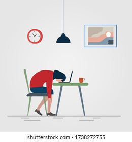 Überarbeiteter und müder Arbeiter sitzend an seinem Schreibtisch, Business Stress. Moderne Illustration im Flachstil.