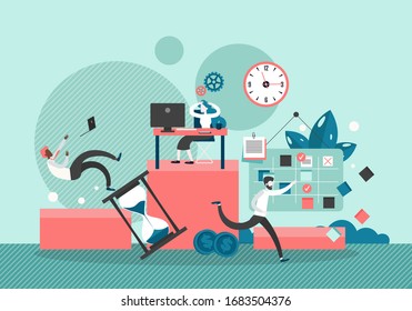 Overworked and very busy office workers male and female cartoon characters, vector flat style design illustration. Office routine, hard work, time management, scheduling, deadline concepts.